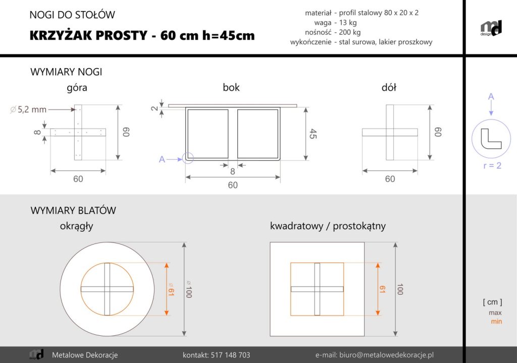 Noga do stolika Krzyżak Prosty M - obrazek 4